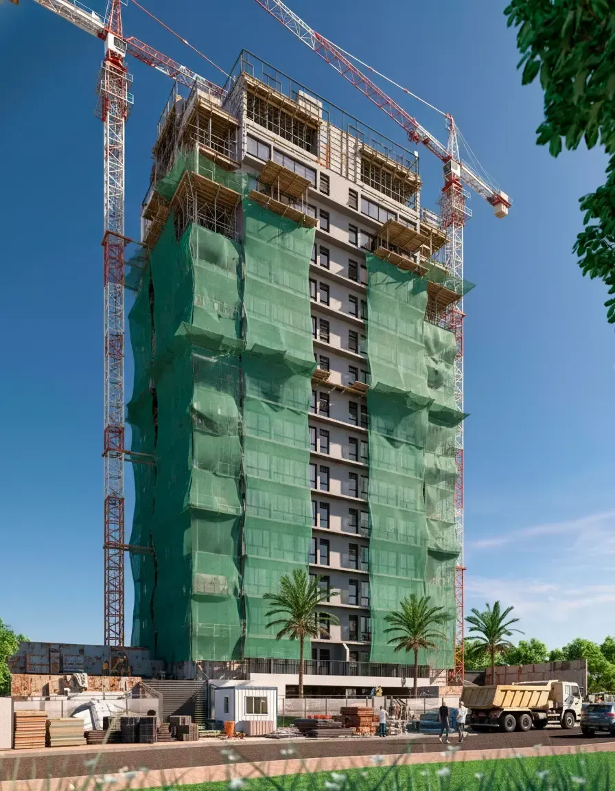 Prédio alto em construção, coberto por uma rede verde, com guindastes acima e veículos de construção abaixo.