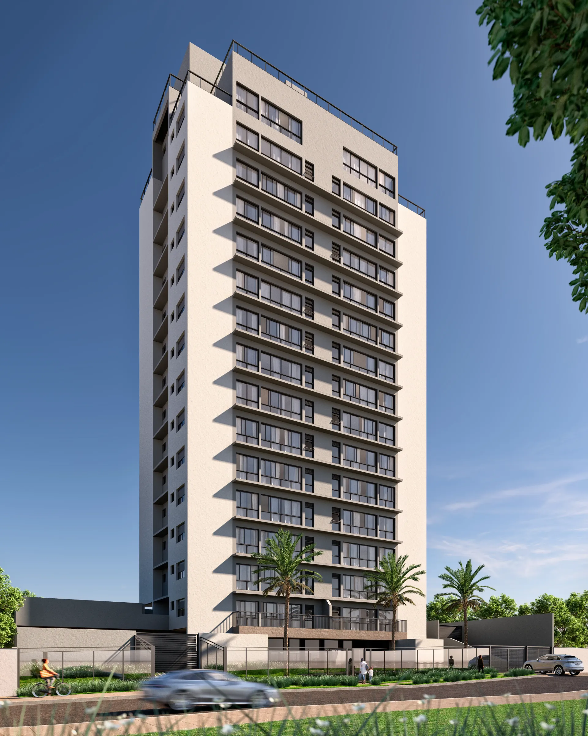 Prédio de apartamentos alto e moderno com fachada branca e cinza, muitas janelas e área externa ajardinada.