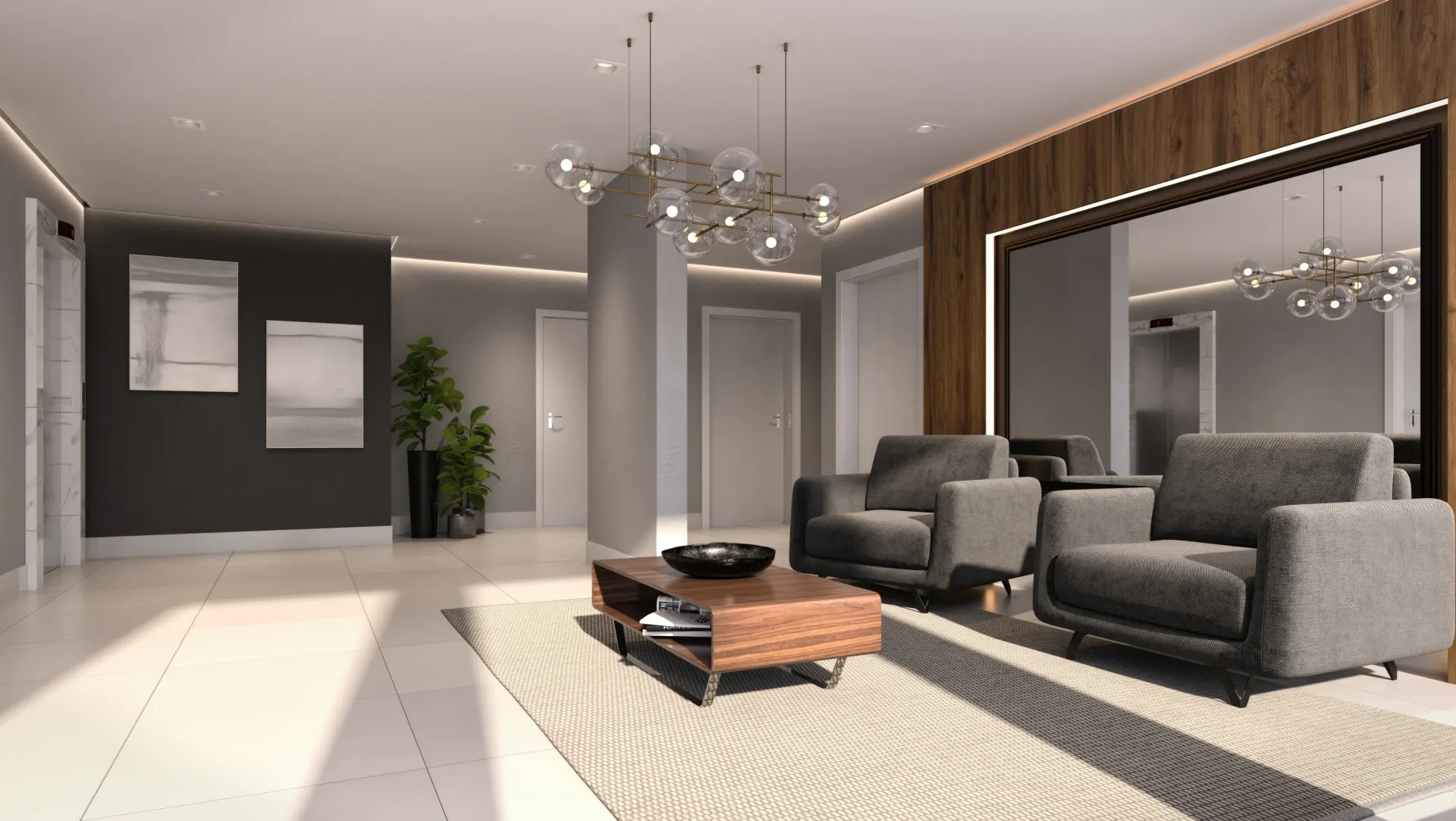 Hall de entrada moderno com duas poltronas, mesa de centro, tapete e espelho grande. Tons de cinza e madeira.