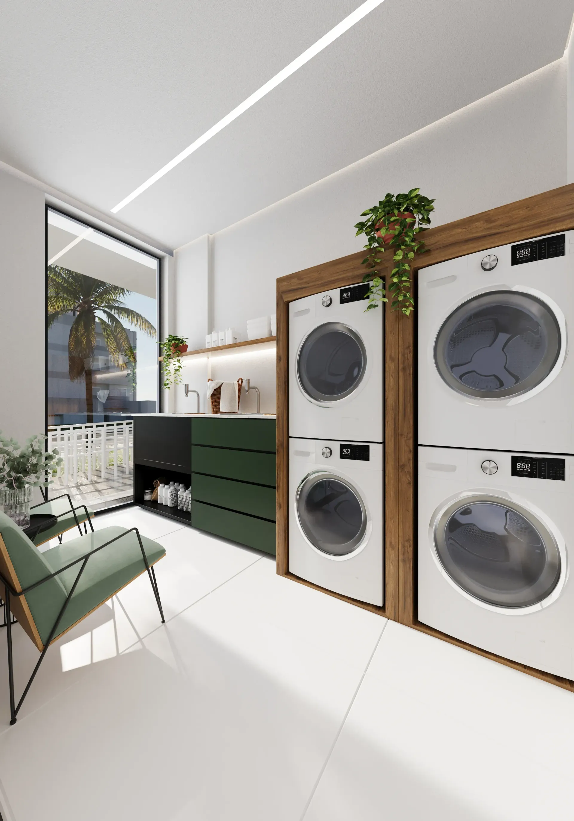 Lavanderia moderna com lavadora e secadora brancas empilhadas, armários verdes e uma janela.