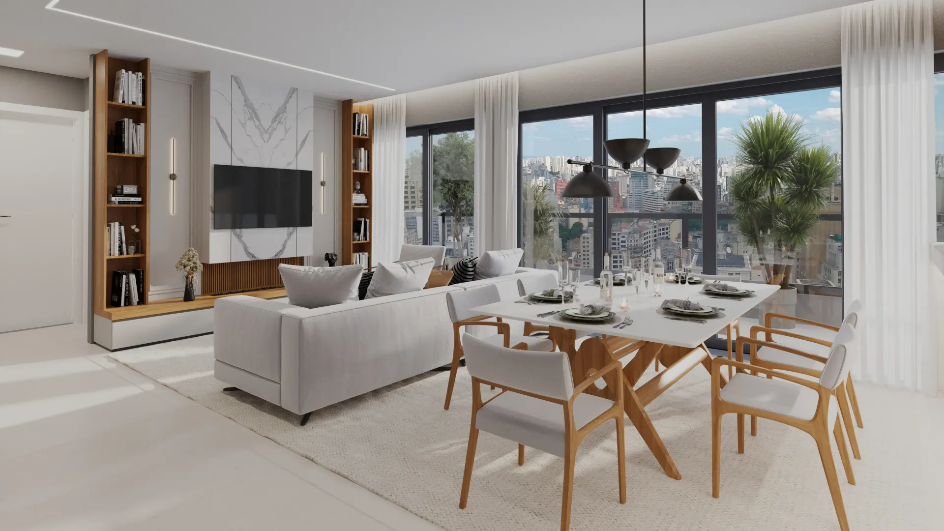 Sala de estar moderna com mesa de jantar, janelas amplas, sofá e estantes embutidas.