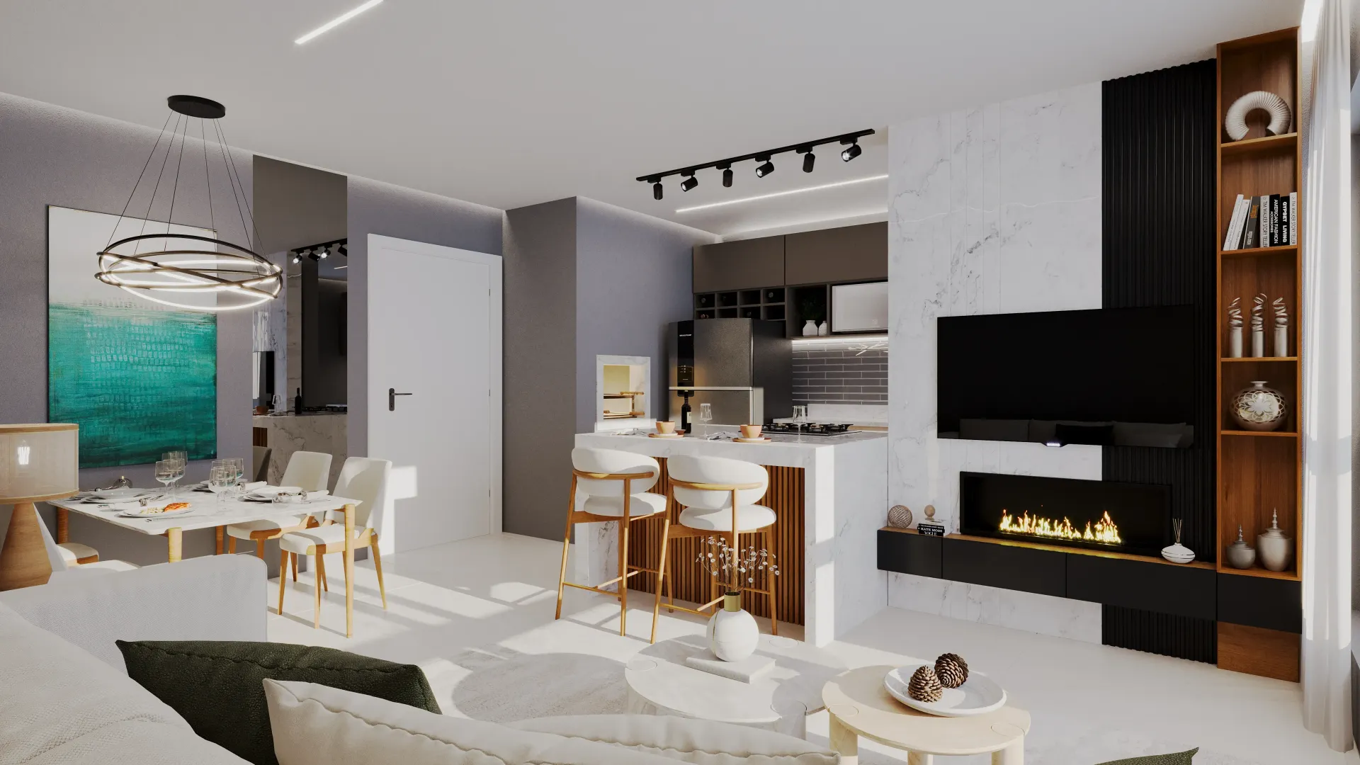 Espaço moderno de conceito aberto com cozinha, sala de jantar e sala de estar integradas.