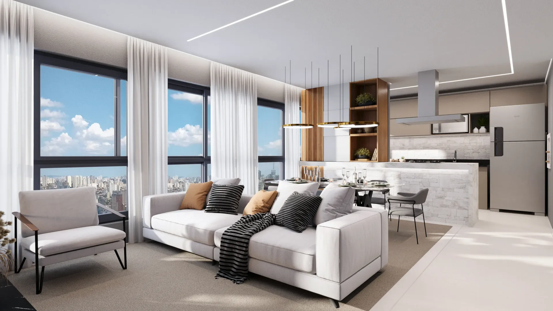 Sala de estar moderna com sofá branco, cozinha e vista da cidade através de grandes janelas.