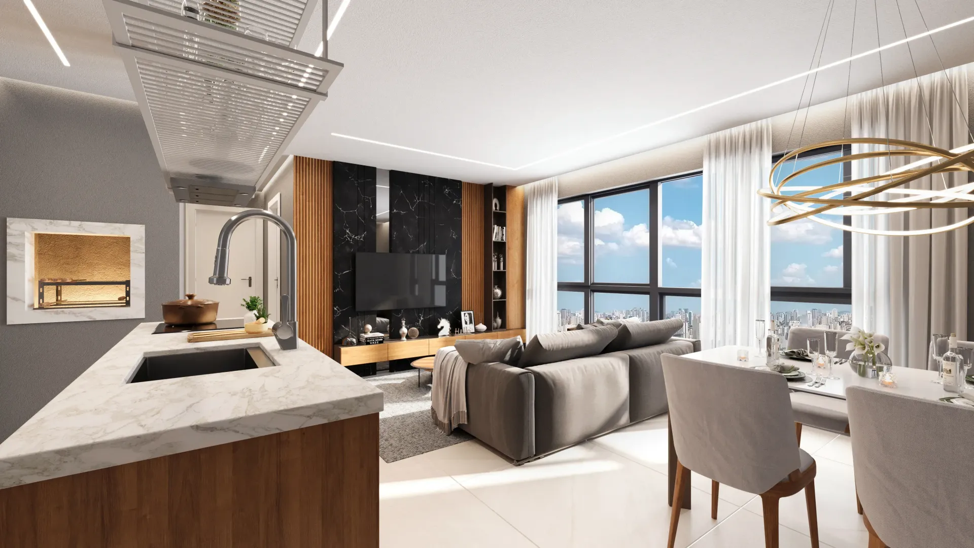 Interior de apartamento moderno com cozinha, sala de estar e sala de jantar; grandes janelas oferecem vista para a cidade.