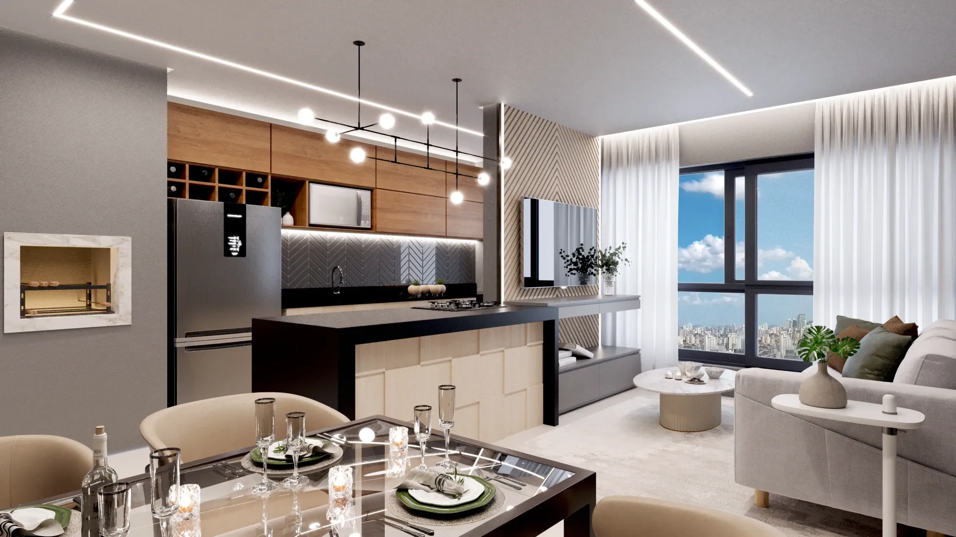 Espaço moderno de convivência em conceito aberto, com cozinha, sala de jantar e sala de estar integradas.