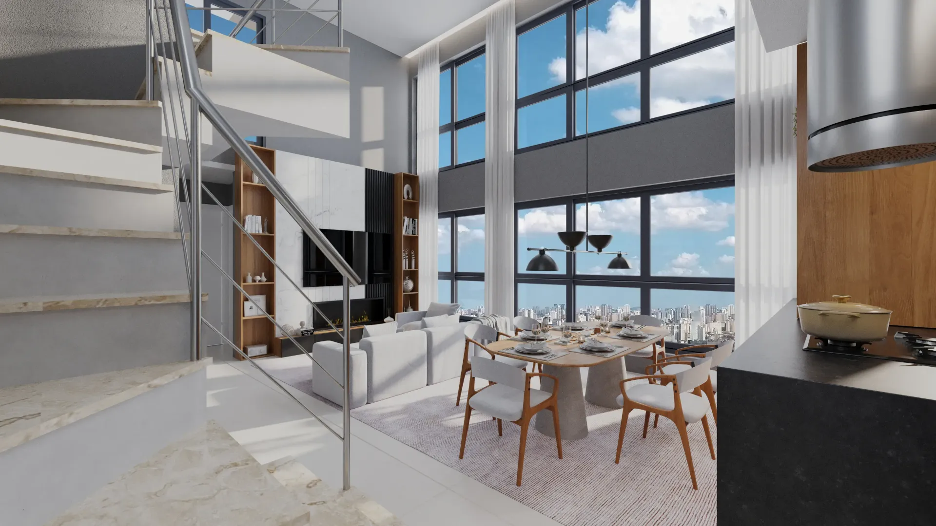 Espaçosa sala de estar moderna com escada em espiral, grandes janelas, área de jantar e mobiliário em tons neutros.