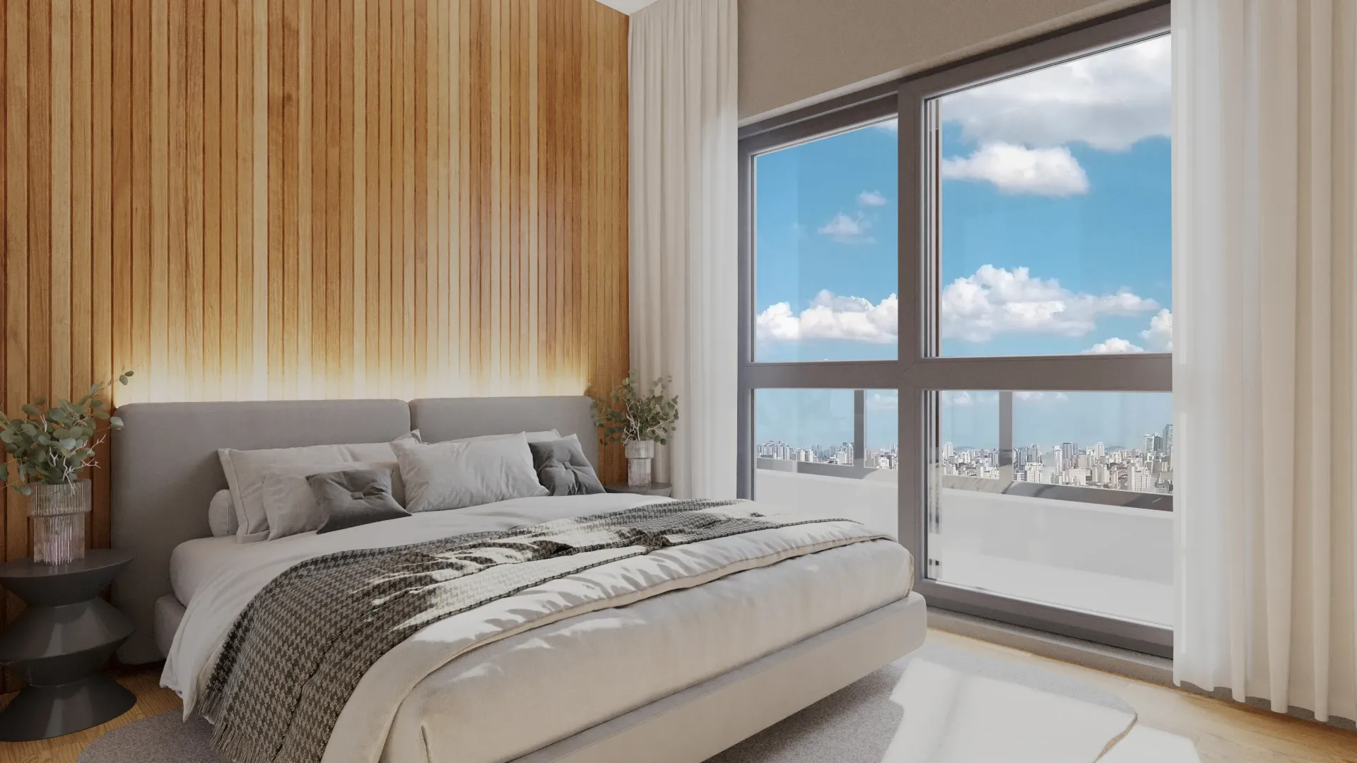 Quarto com parede de destaque em madeira, janela ampla com vista para a cidade e cama cinza.