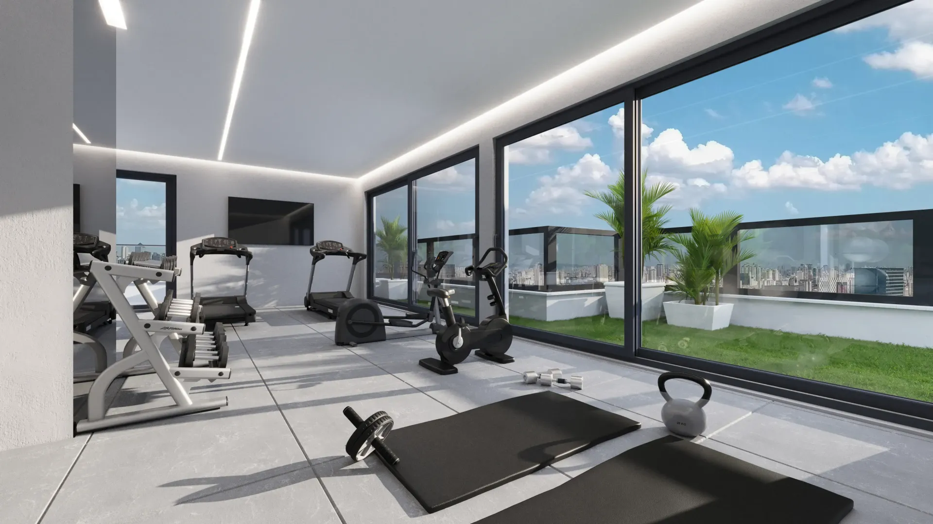 Academia com equipamentos de ginástica, janelas amplas e um terraço externo com vista para a cidade.