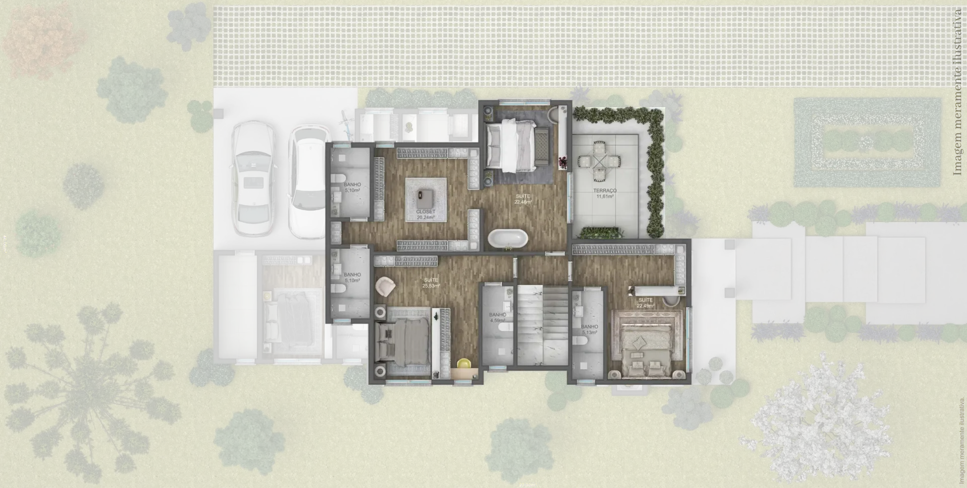 Planta baixa de uma casa moderna, mostrando os cômodos e a distribuição dos elementos.