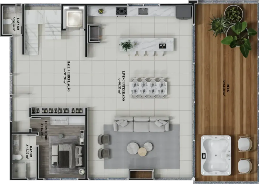 Planta baixa de um apartamento moderno com cozinha, sala de estar, sala de jantar e varanda com jacuzzi.