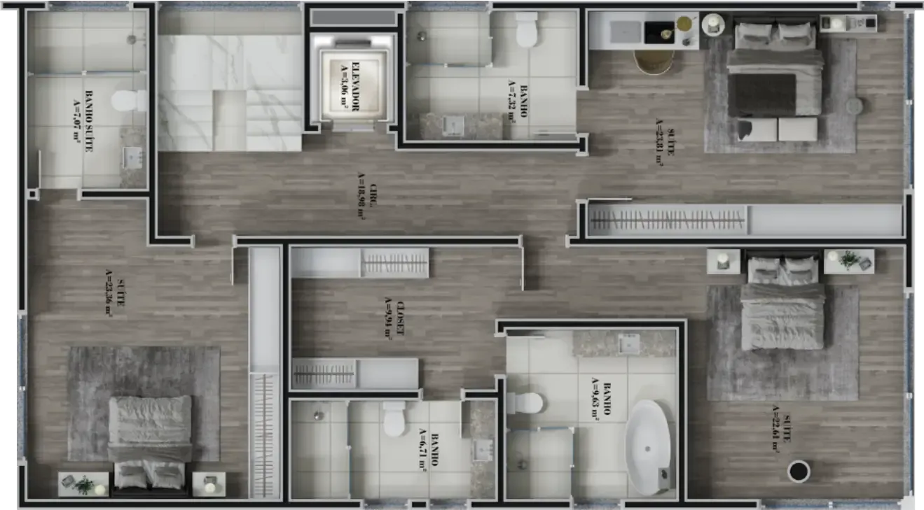 Planta baixa de uma casa moderna com quartos, banheiros, cozinha e sala de estar, representada em tons suaves.