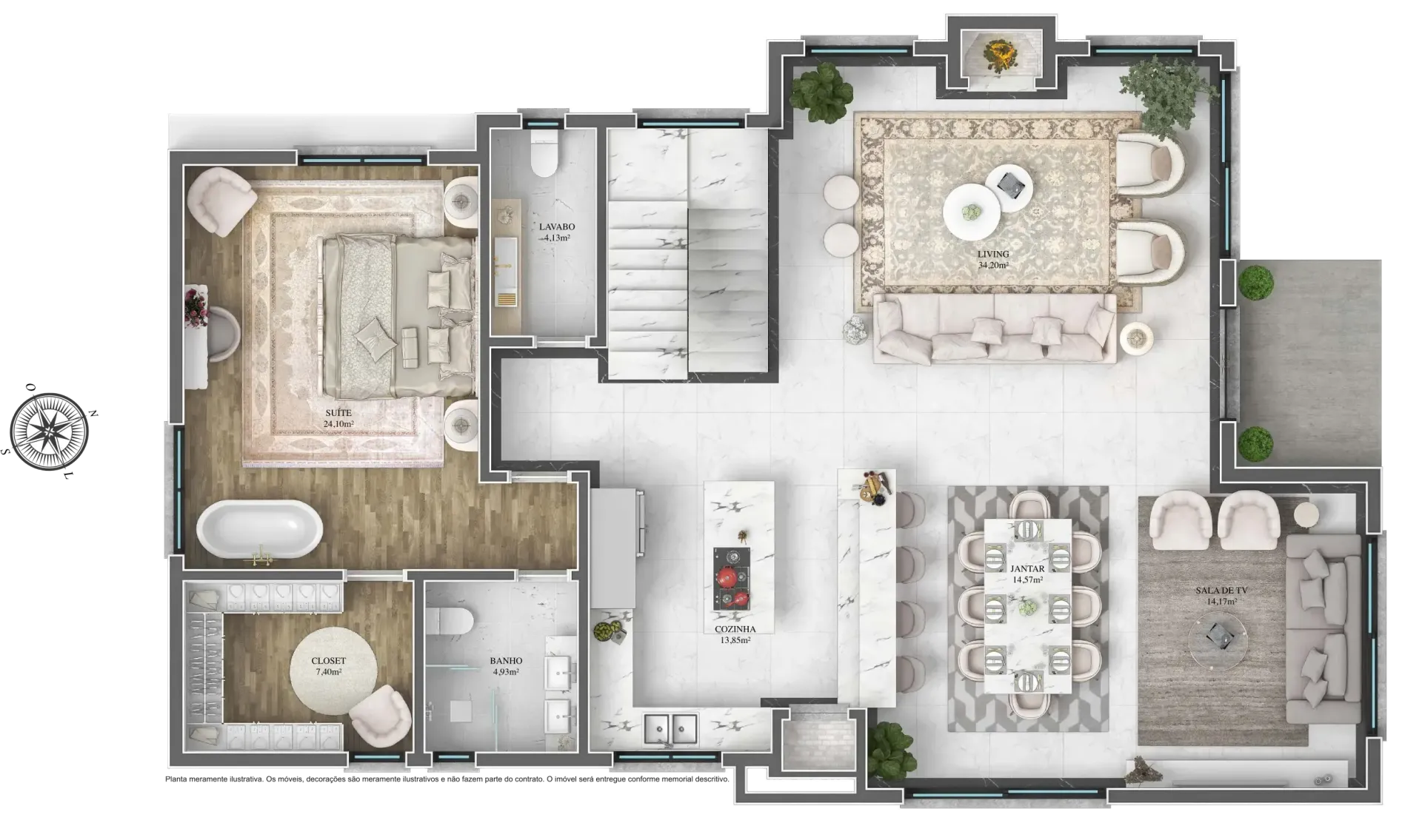 Planta baixa de um apartamento de luxo com quarto, sala de estar, sala de jantar e terraço externo.