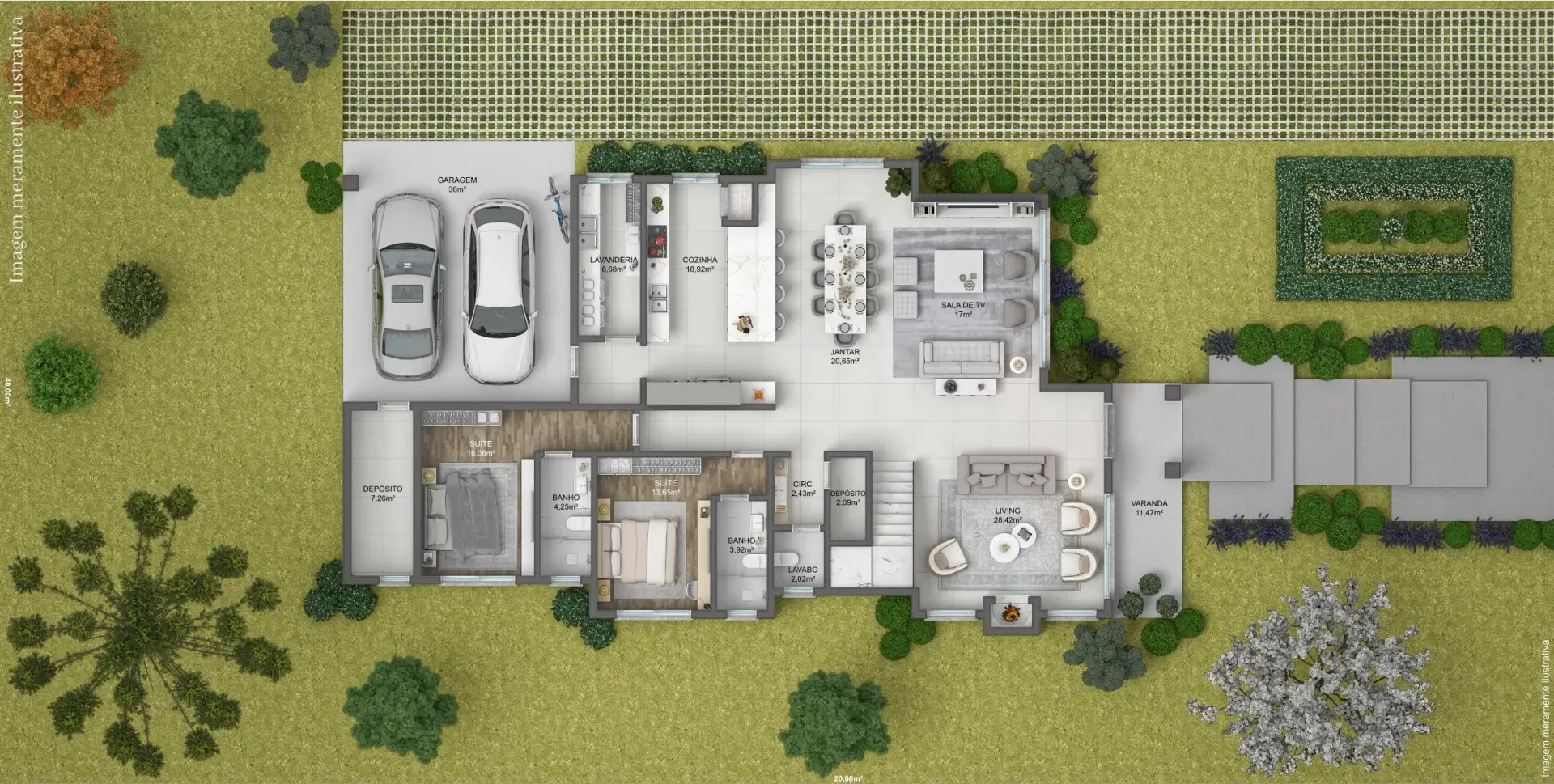 Vista aérea de uma casa moderna, mostrando a planta interna, o paisagismo e os carros estacionados.