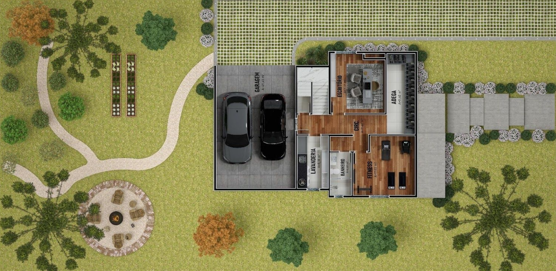 Vista superior da planta de uma casa com carros na entrada, caminhos, árvores e uma fogueira em um gramado.