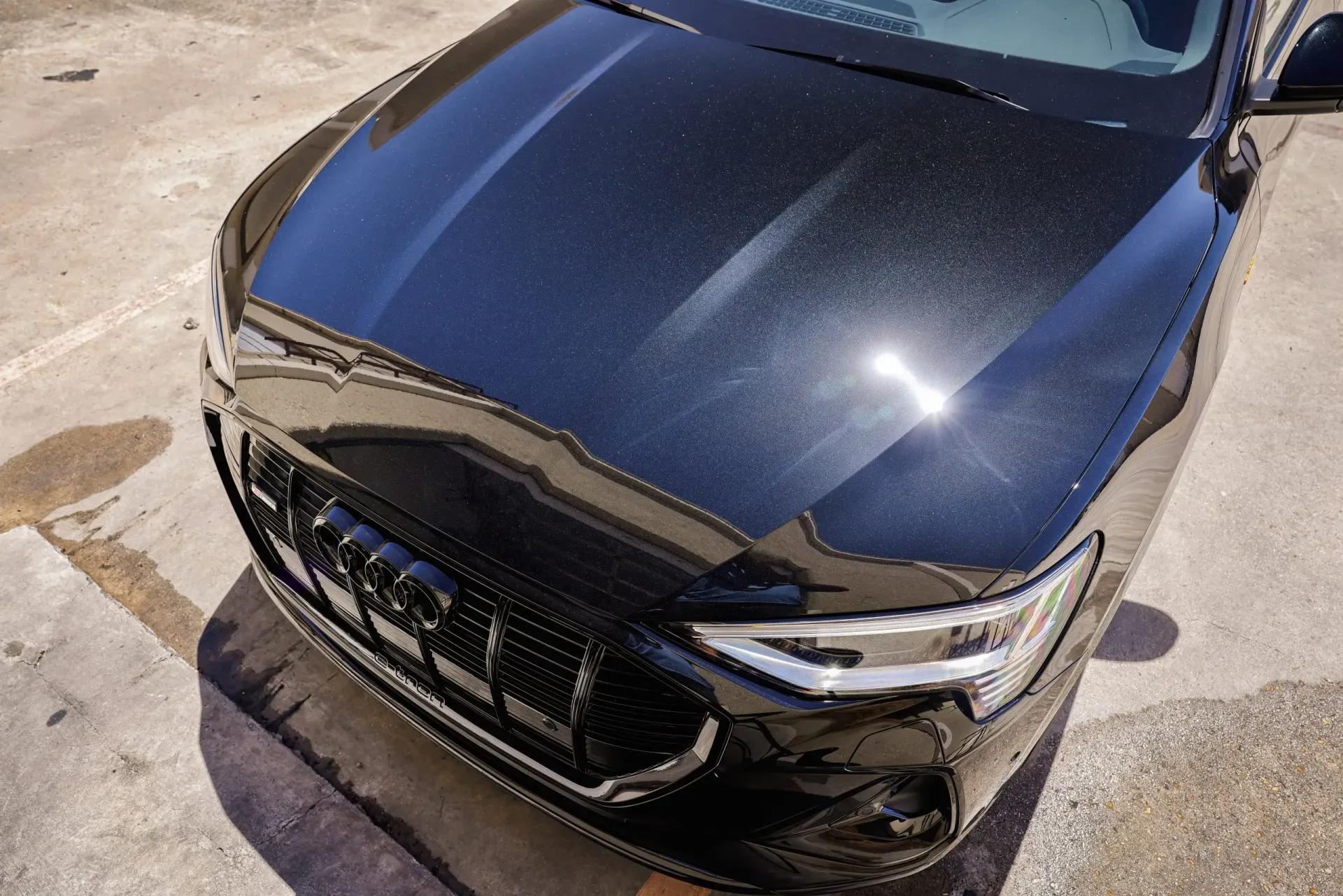 Black Audi car hood reflecting sunlight, parked outdoors.