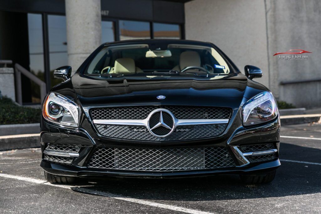 Black Mercedes-Benz SL convertible parked outside a building.