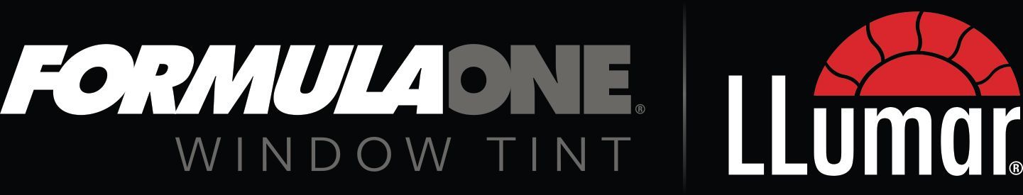 Formula One Window Tint logo, next to the Llumar logo, both on black background.
