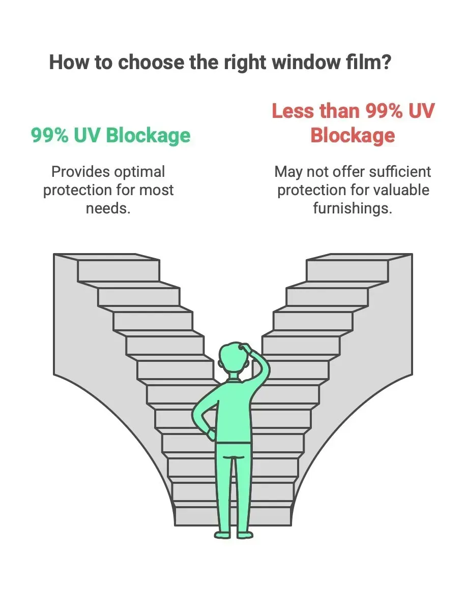 Man at a crossroads; choose window film with 99% UV blockage for optimal protection. Less than 99% isn't sufficient.