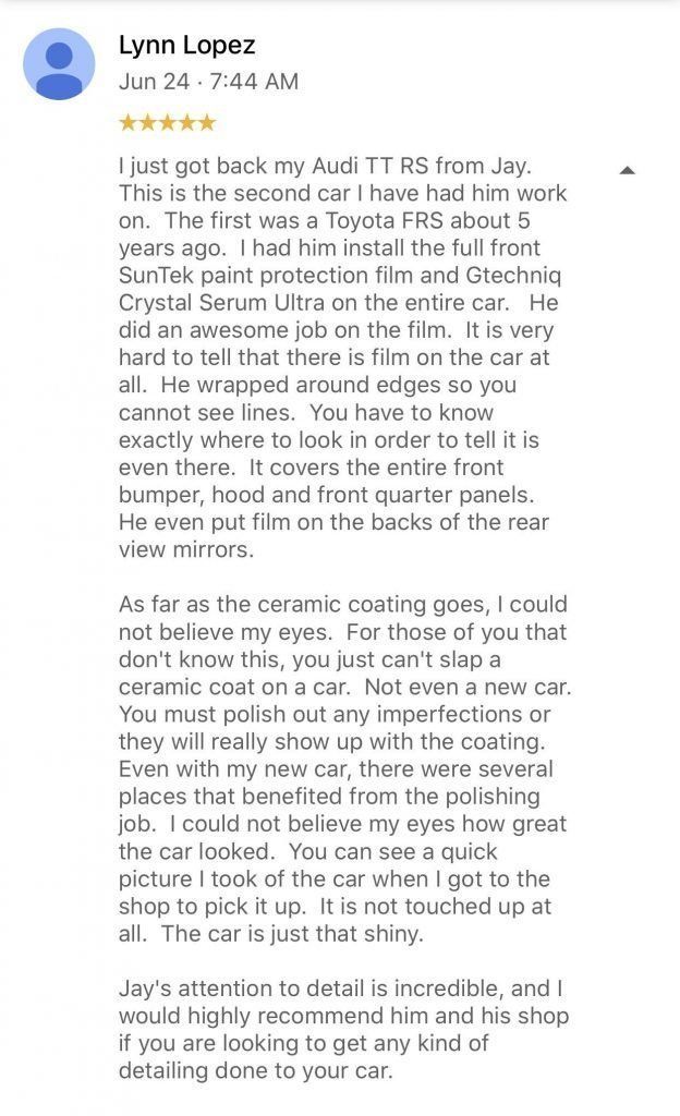 Review of Jay's car detailing. The reviewer is happy with the work on their Audi TT RS and Toyota Prius.