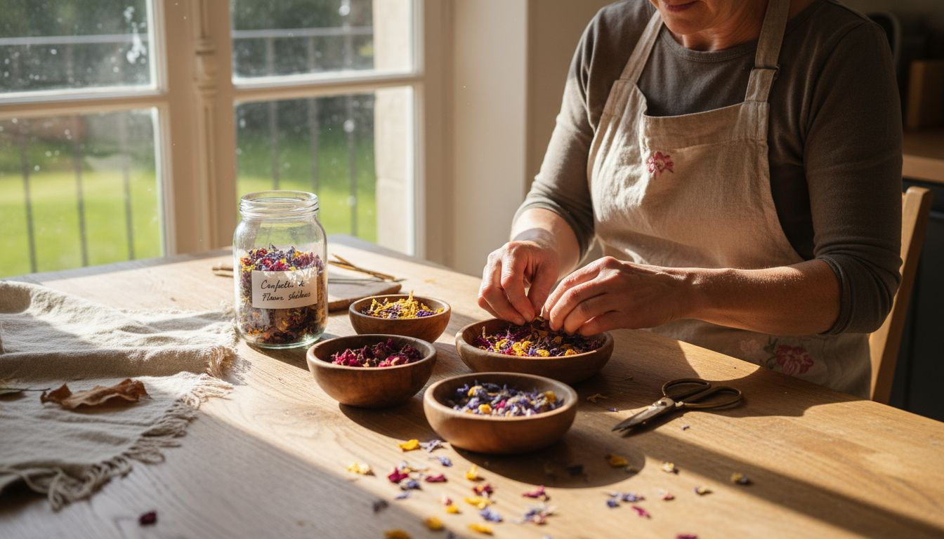 Confettis floraux artisanaux réalisés à partir de fleurs séchées