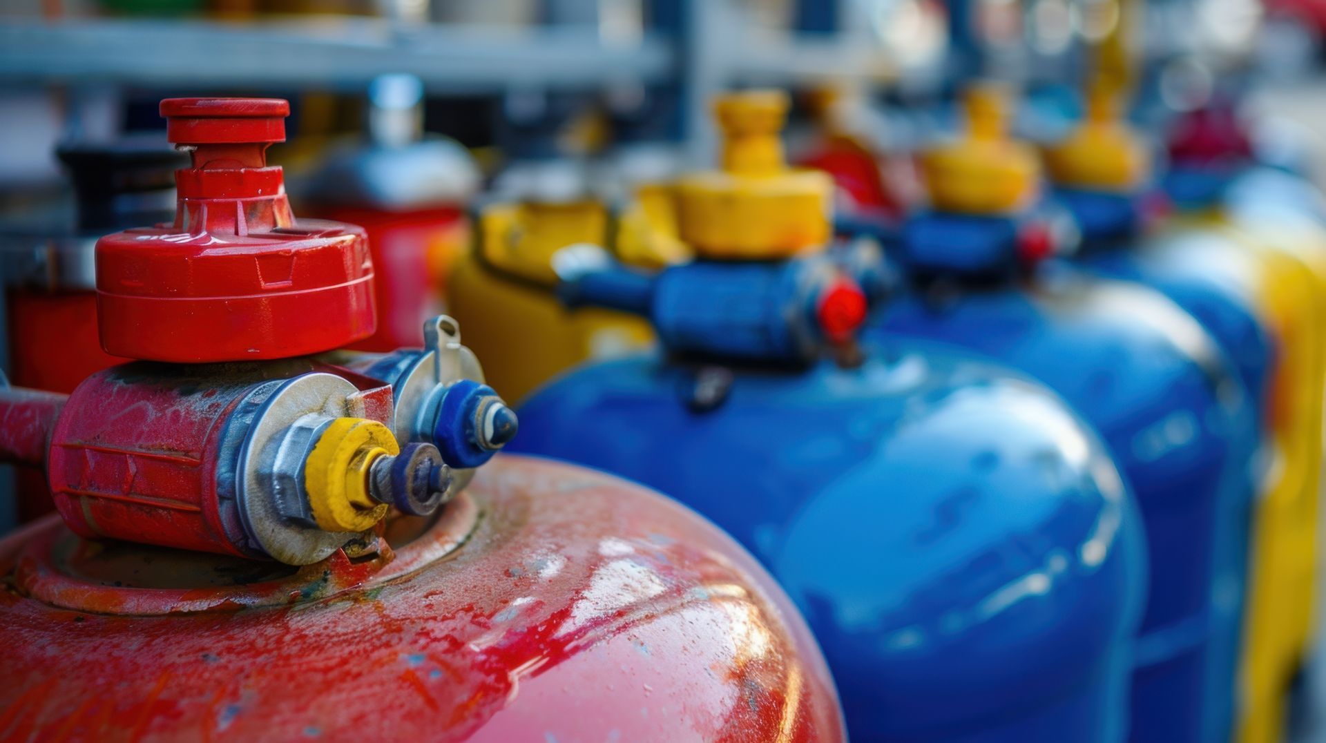 propane supplier tanks with red and blue gas cylinders lined up ready for residential delivery.