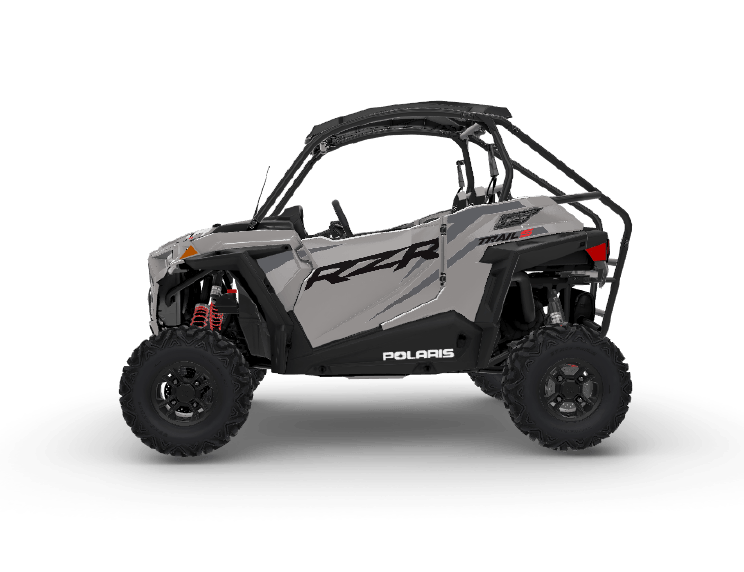 side view of grey and black Polaris RZR Trail S 2 seater