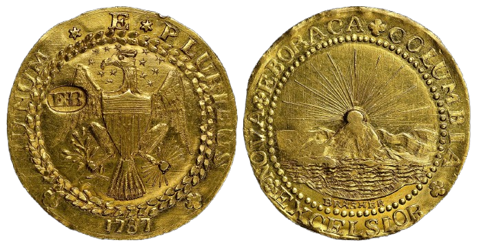 The front and back of a gold coin on a white background.