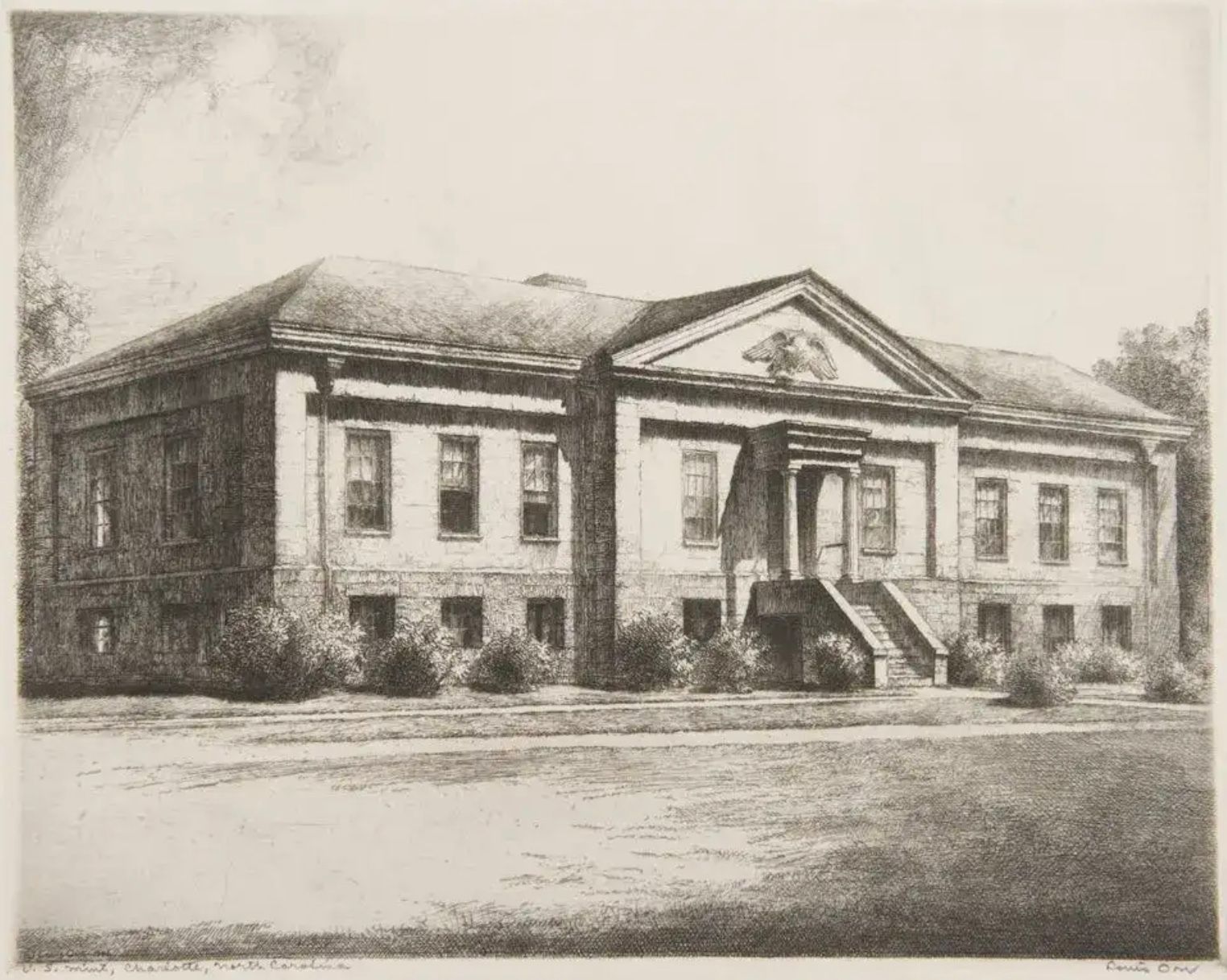 A black and white drawing of a large building