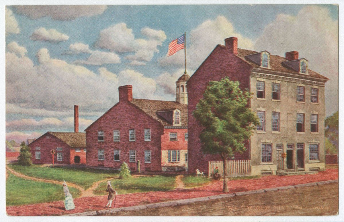 A painting of a brick building with an american flag on top