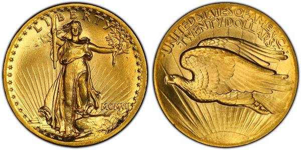 A gold coin with a woman and an eagle on it