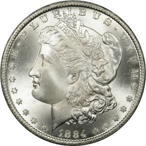 A silver coin from 1884 has a woman 's head on it