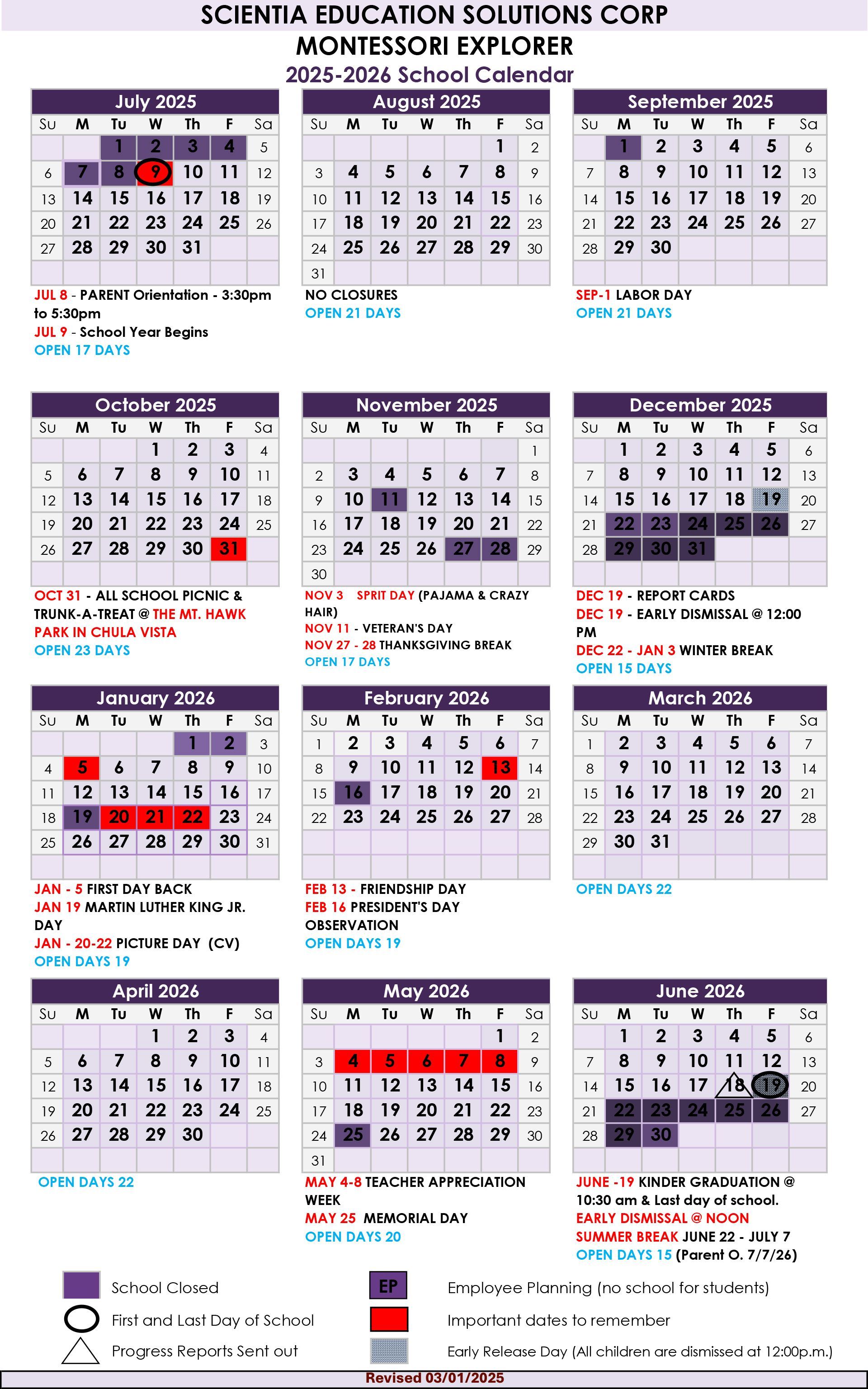 school calendar