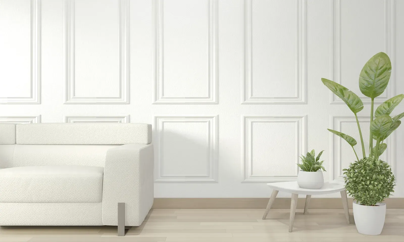 White living room with a couch, small table with potted plants, and paneled wall.