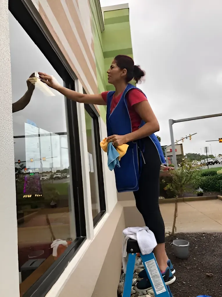 Woman on a ladder cleaning a window of a building; cloudy day.