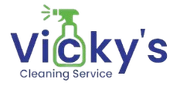 Logo for Vicky's Cleaning Service: Blue text "Vicky's" with the letter "C" in a green spray bottle, and "Cleaning Service".