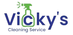 Logo for Vicky's Cleaning Service: Blue text "Vicky's" with the letter "C" in a green spray bottle, and "Cleaning Service".