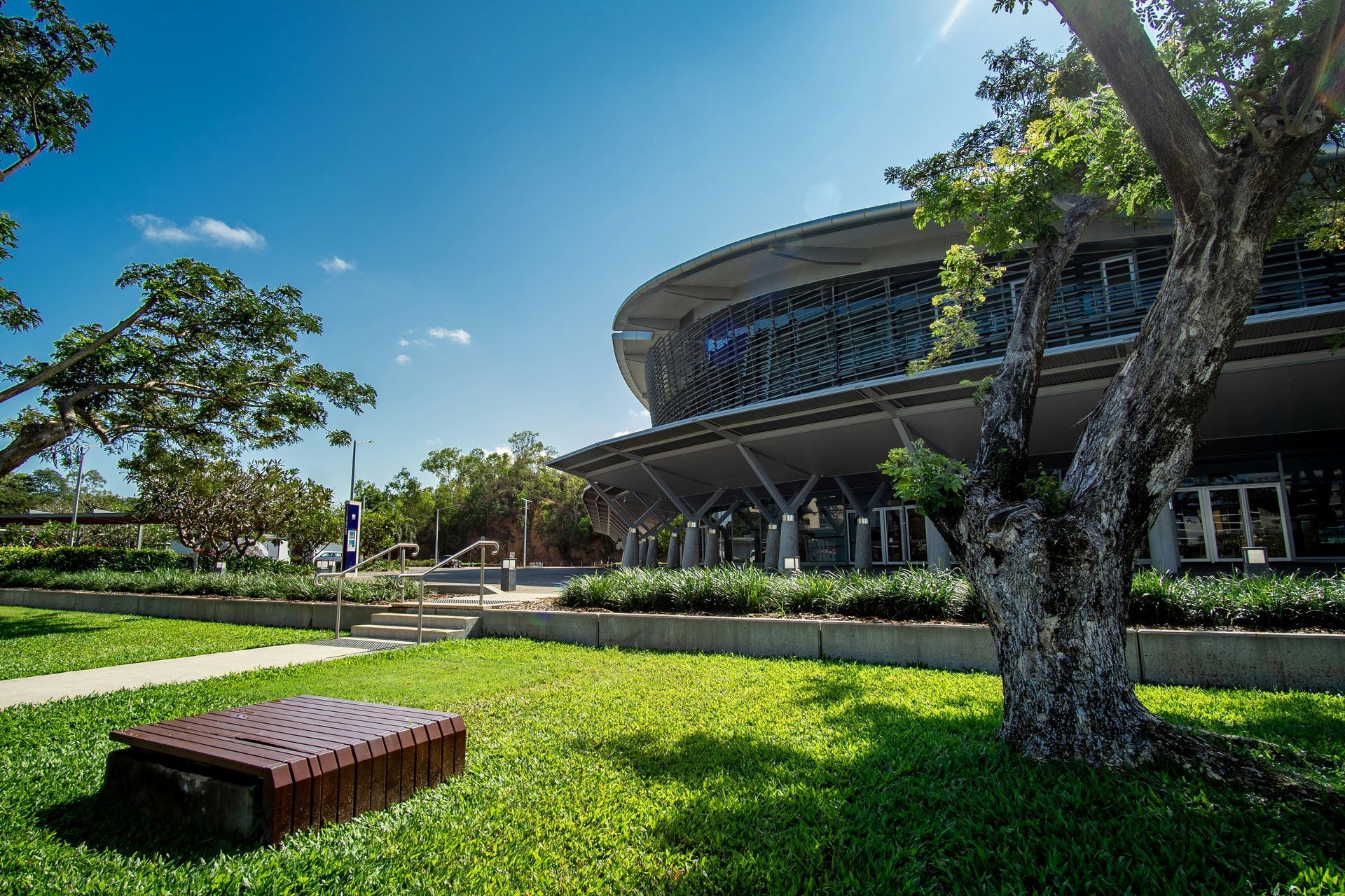 A large building with a tree in front of it