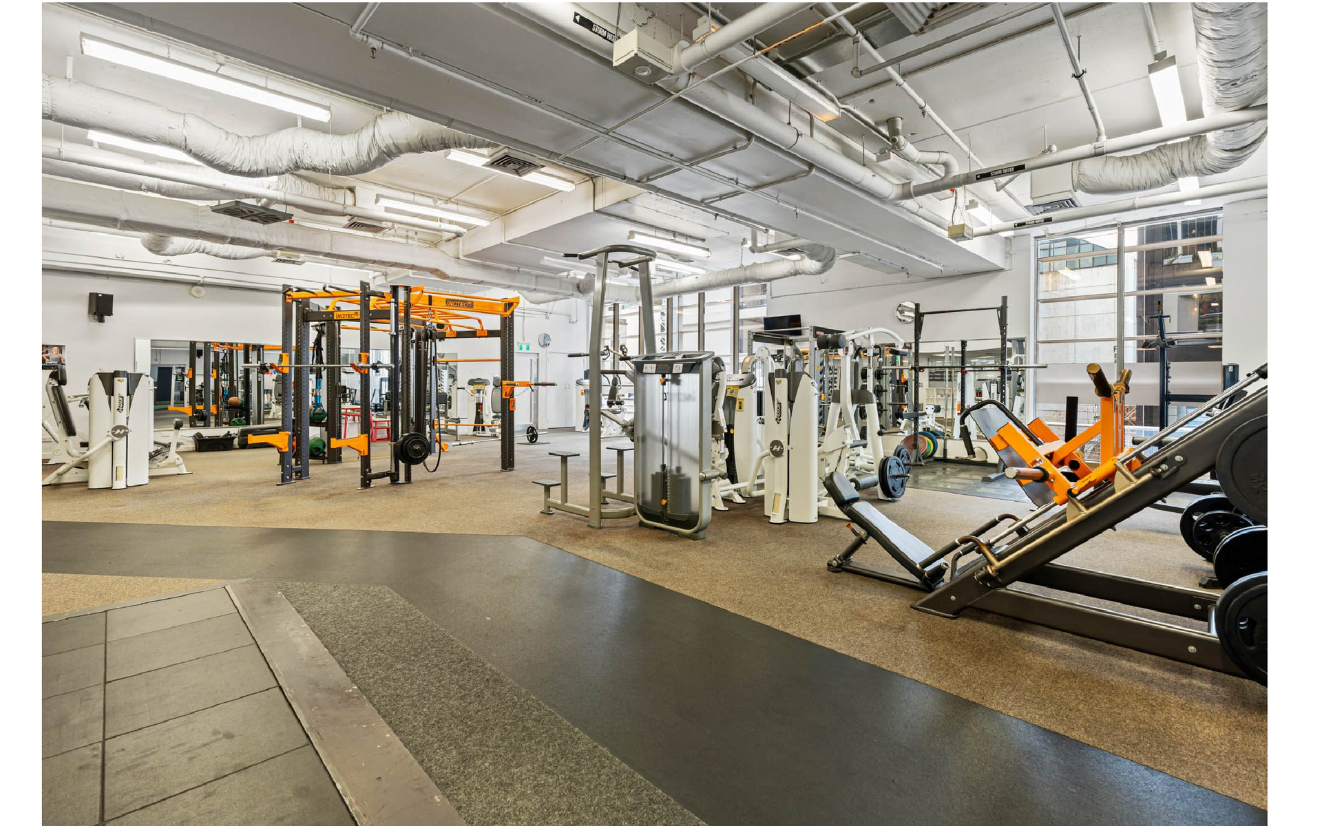A well-equipped gym with weight machines, free weights, and mirrors. Open space with large windows, rubber flooring.