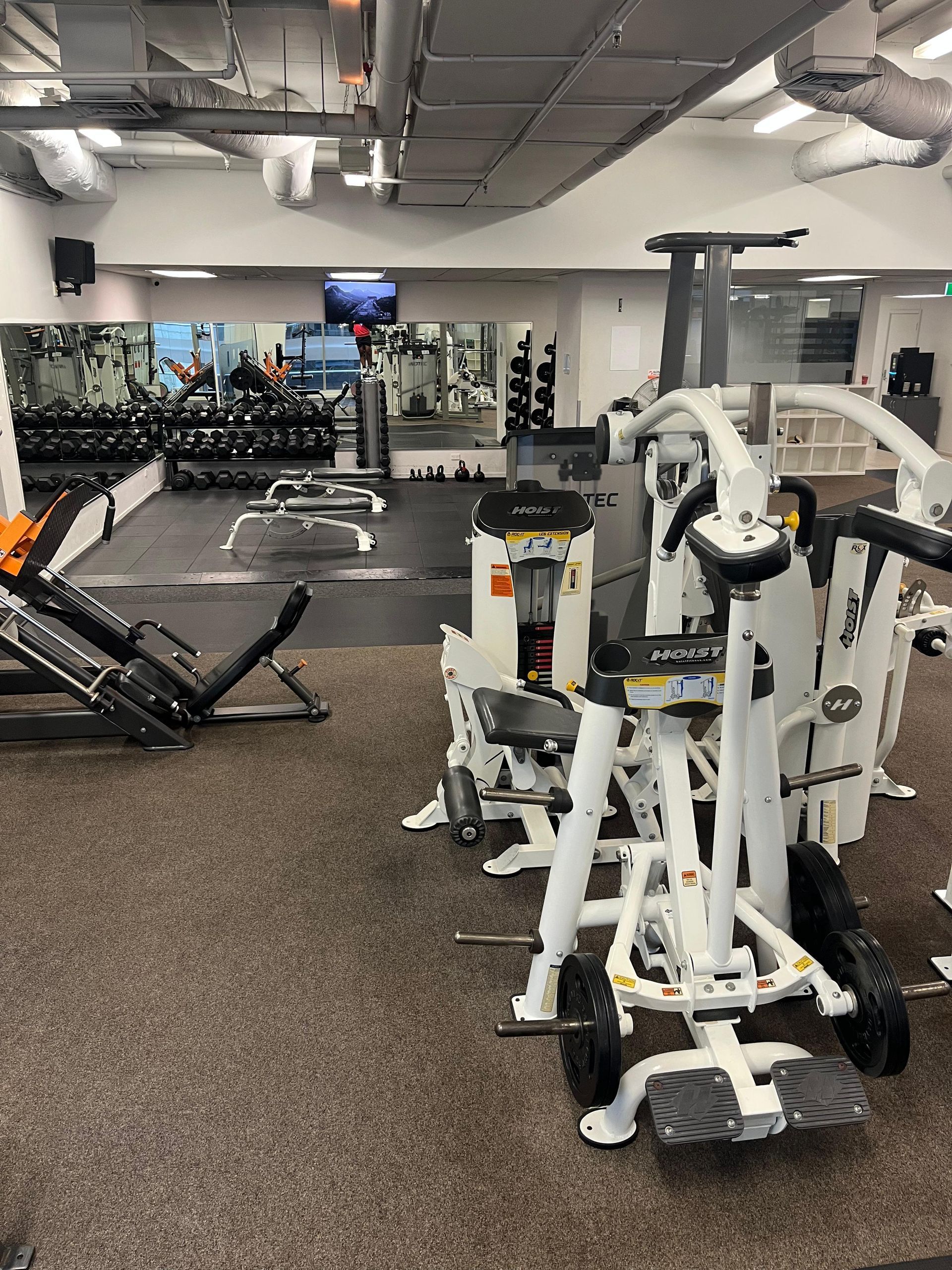 Gym interior with weight machines, free weights, and mirrors.