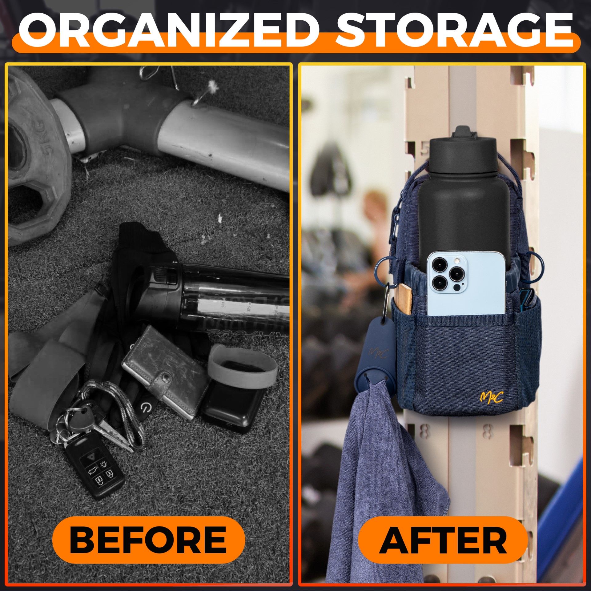 A before and after picture of a magnetic gym bag with a cell phone and drinkingbottle in it.
