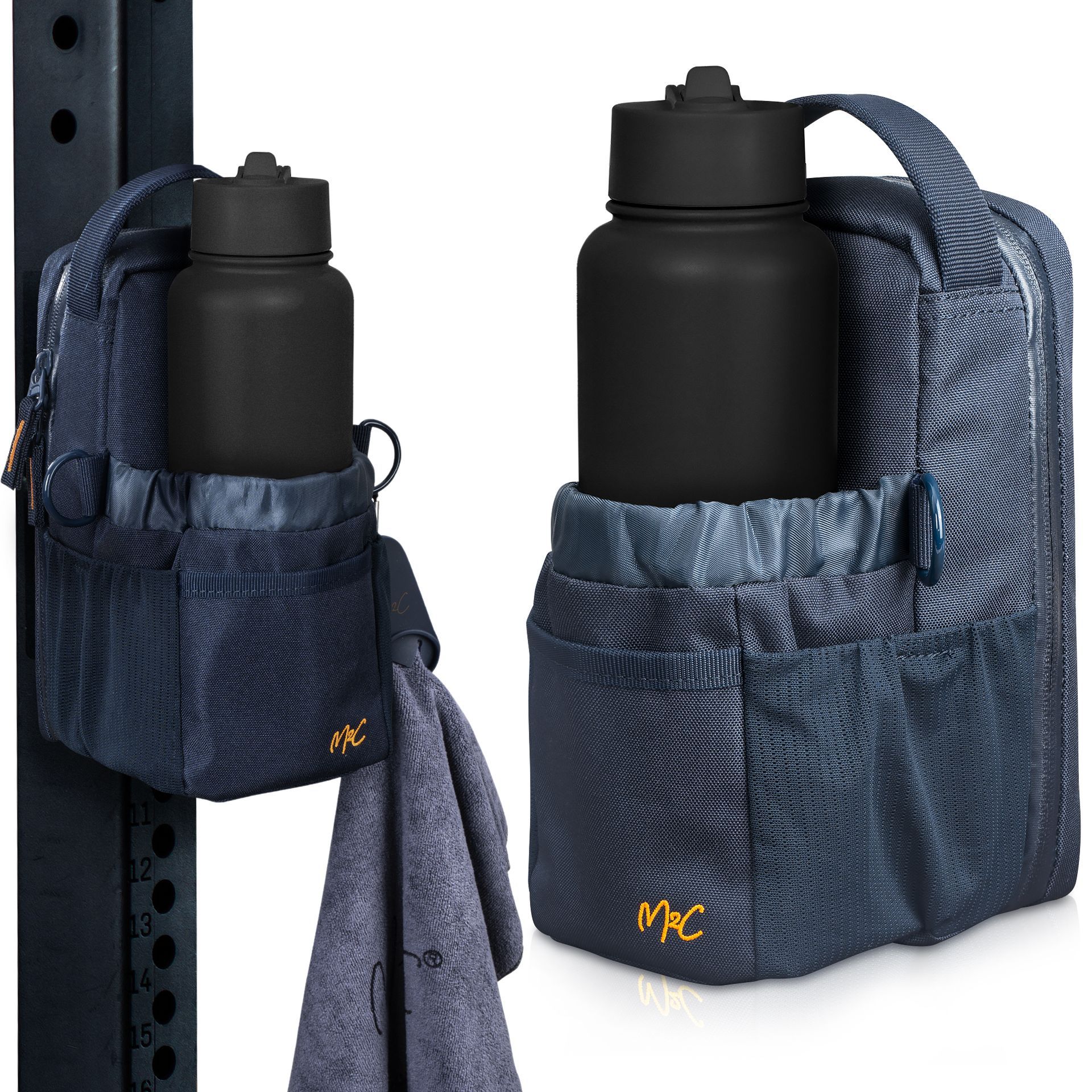 A blue magnetic bag with a water bottle and a towel attached to it