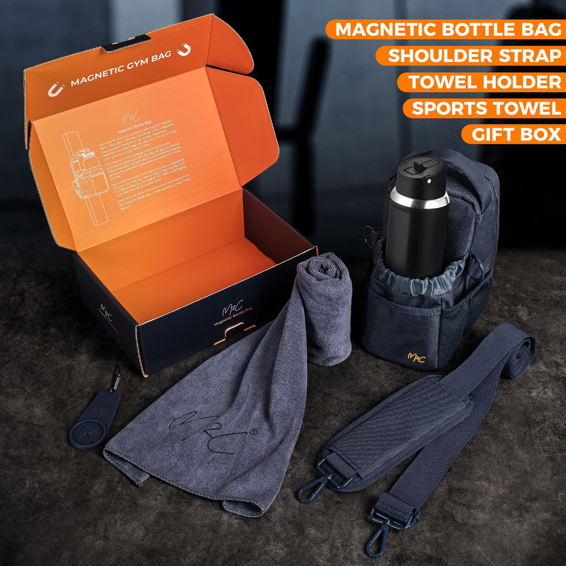A magnetic bottle bag with  shoulder,  strap, towel holder, sports towel and gift box