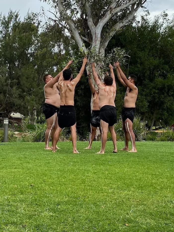 Men Holding Leaves Participating in Ceremonial Dancing — Dinawan's Connection in Dubbo, NSW