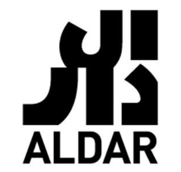 Black Aldar logo with stylized Arabic script above the English word 
