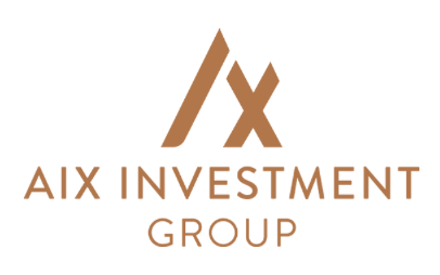 Logo for Aix Investment Group, featuring an abstract brown 