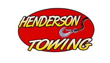 Henderson Towing logo: Yellow text on a red oval. Includes a towing hook.
