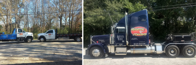 Two trucks parked outdoors, one blue and white truck, one dark blue semi-truck.