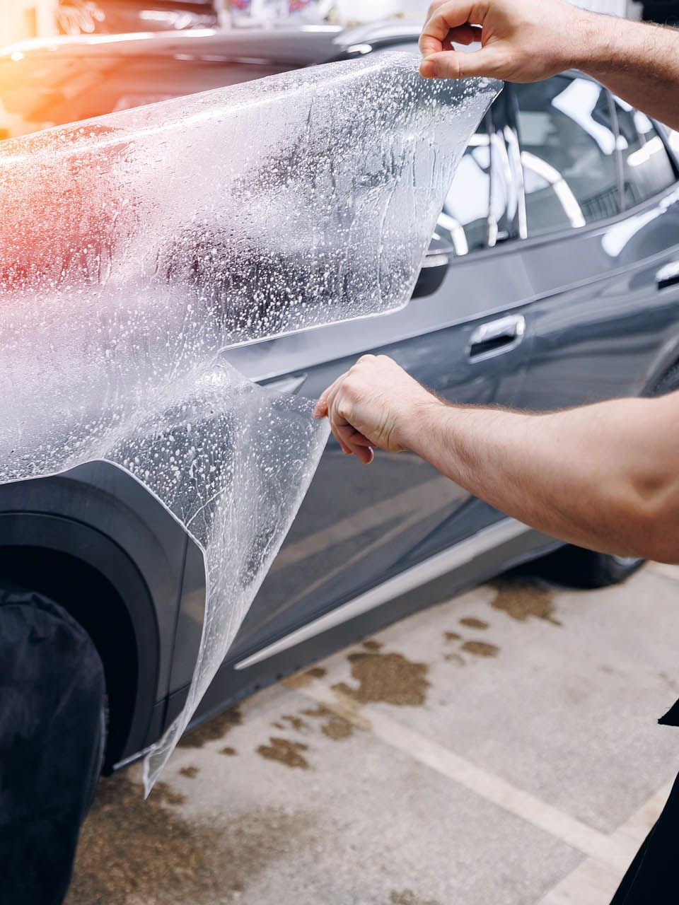 A person is using a blue squeegee to remove plastic from the hood of a car