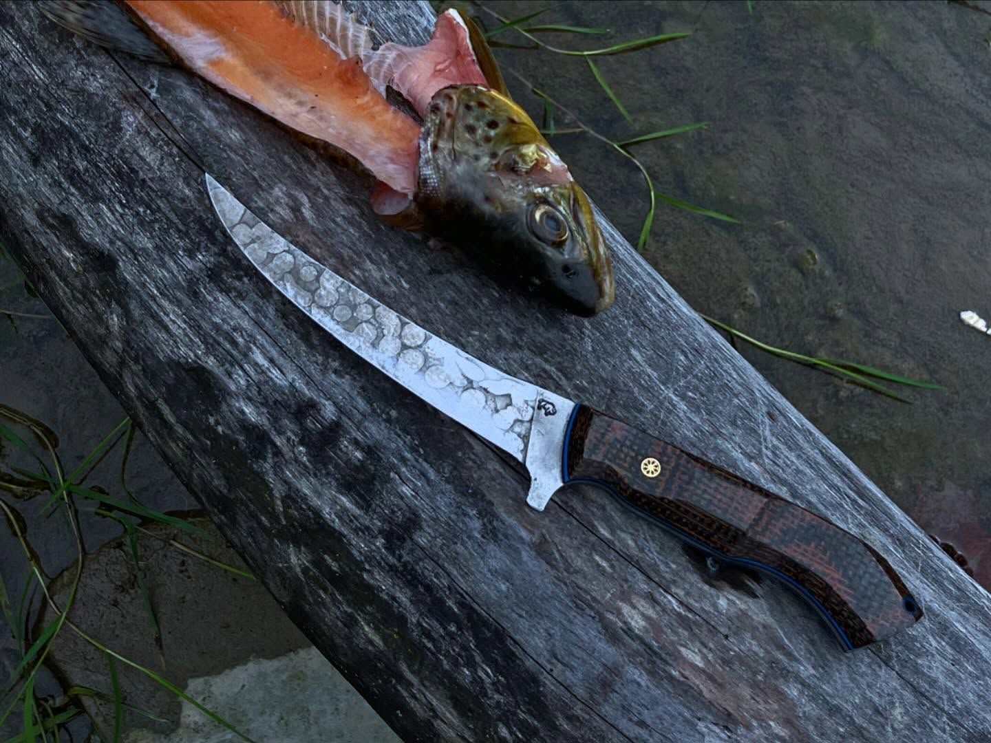 Knife next to a fish head on a weathered wooden plank. The knife has a dark wooden handle, and a patterned blade.