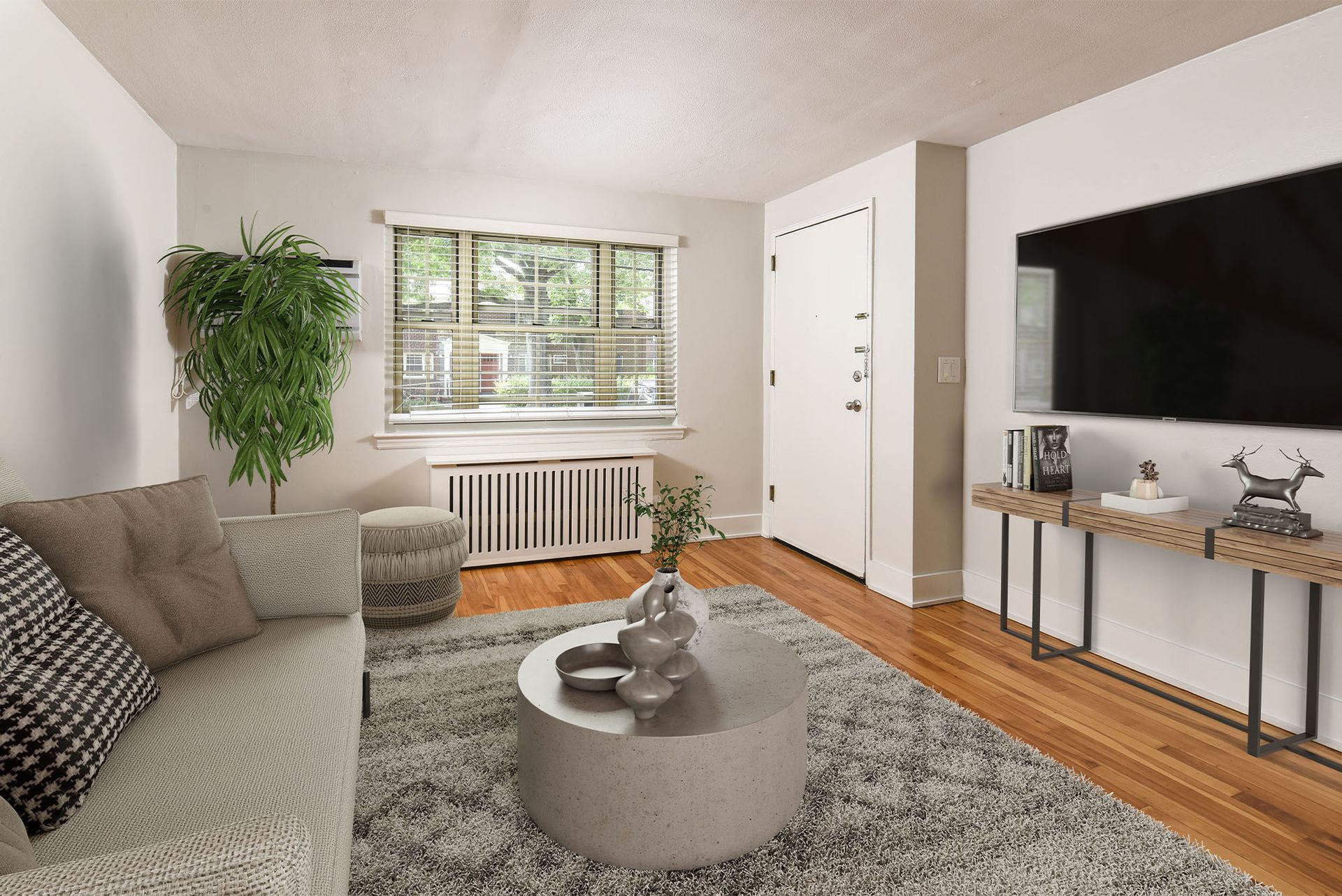 Living room in an apartment featuring a gray sofa, round coffee table, TV, and a window.